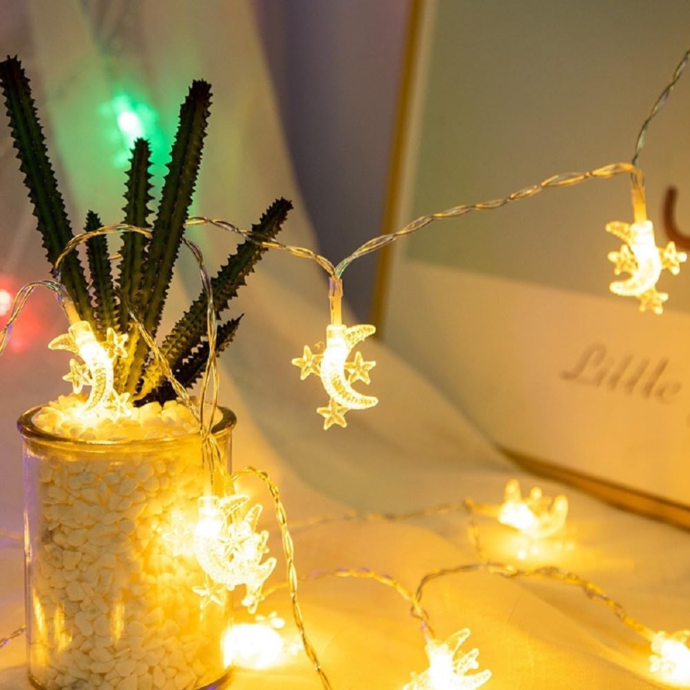 Moon Star String Lights, WFGGEH 20ft 40 LED USB Powered Star and Moon Fairy Lights Warm White for Birthday Party Christmas Holiday Home Decoration