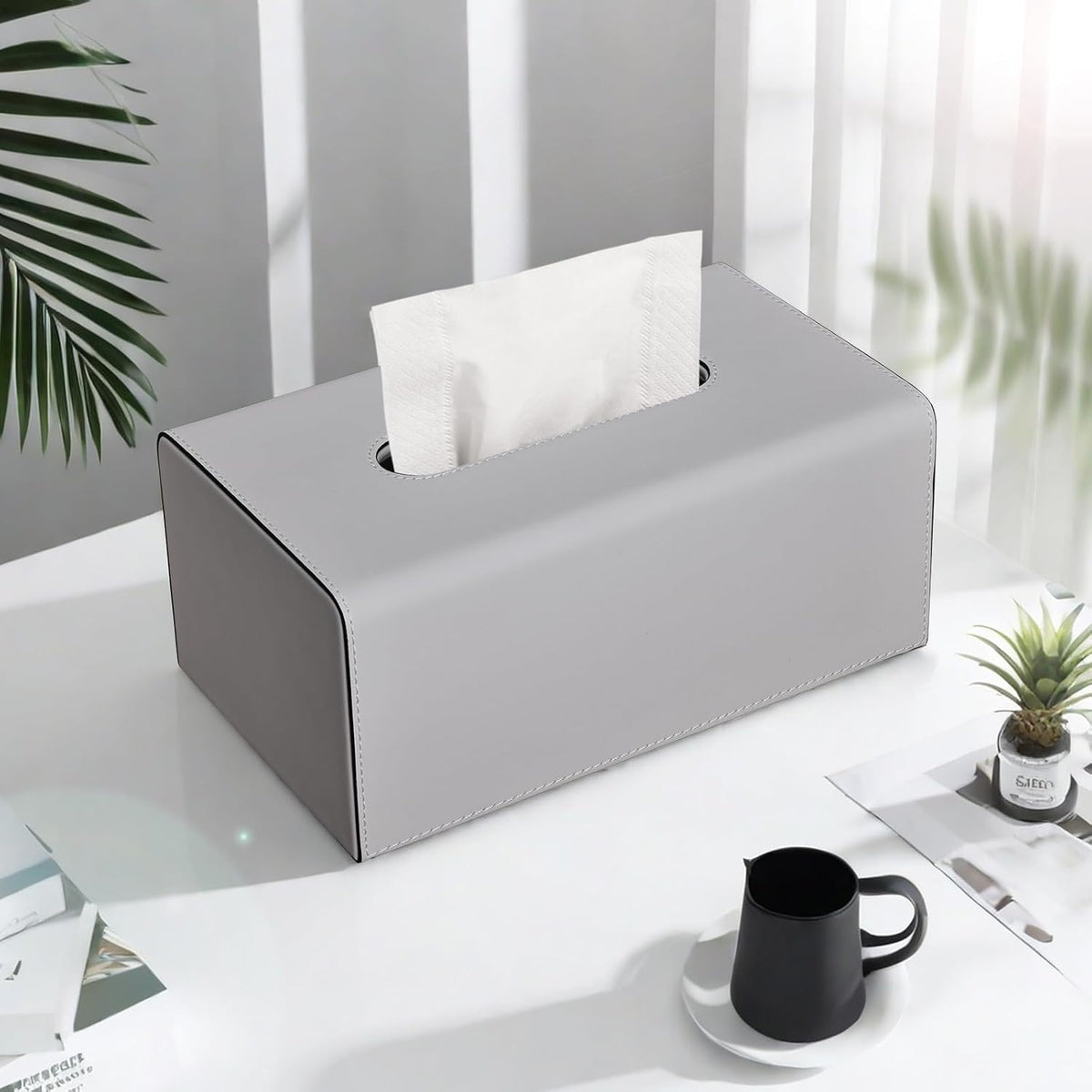 Tissue Box Cover, PU Leather Rectangular Tissue Box Holder with Magnetic Bottom Cover for Facial Tissues/Napkins, Office & Living Room Decor Box for Standard 120-count (3-Ply) 160-count (2-Ply) Gray
