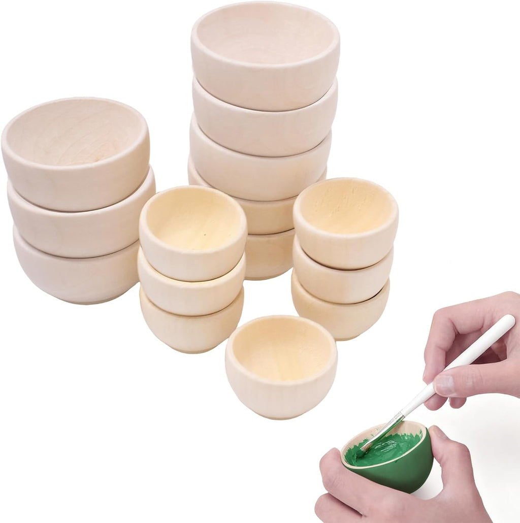 16 PCS Wooden Pinch Bowls, 2 Size Mini Unfinished Bowl, Round Condiment Container, for DIY Crafts, Painting, Sorting, Dips Sauce, Nuts, Spice, Candy (1.2'' x 2.2'', 1'' x 1.6'')