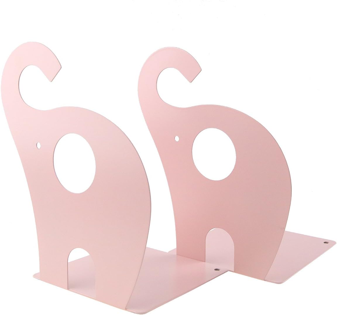 Cartoon Elephant Pattern Book Organizer Cute Metal Bookends for Kids School Library Desk Study Home Office Decoration Gift (Pink)
