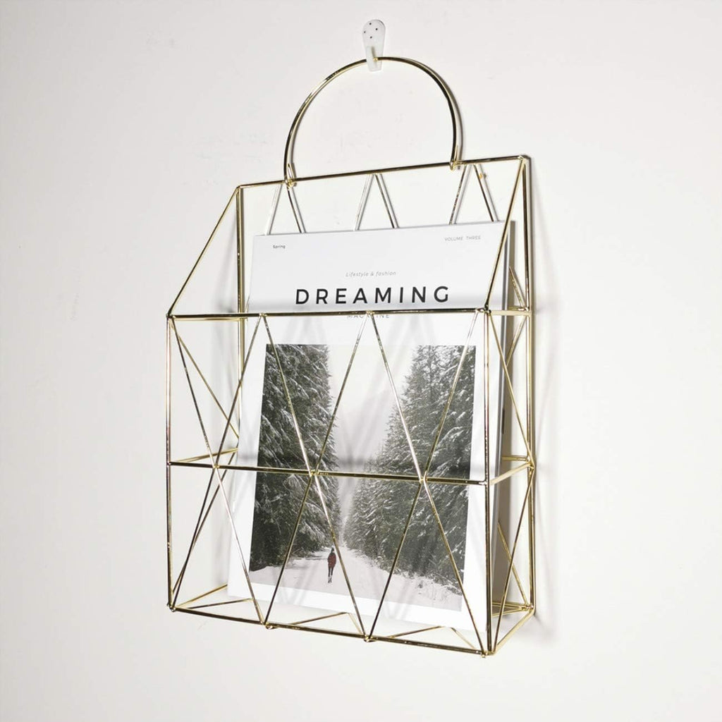 Magazine Rack with Handle, Letter Rack Newspaper Holder File Oragnizer Wall Mounted Decorative Storage Basket, Metal Organiser for Office Living Room Bedroom, Gold