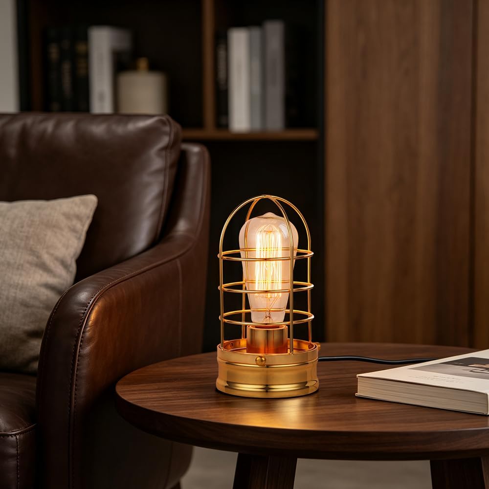 Small Industrial Table Lamp,Gold Plate Vintage Desk Light for Bedside