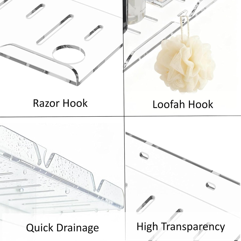Corner Shower Caddy Shelf Rack 2 Tier Adhesive Shower Organizer Essentials - No Drilling Acrylic Bathroom Storage Rack with Hooks No Drilling Shelves (12"x4" 2 Tier Clear)