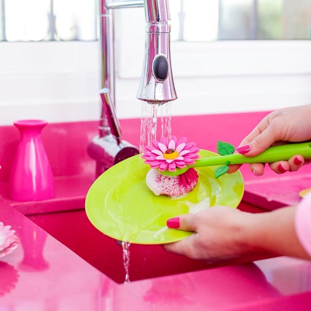 Vigar Flower Power Dish Brush with Handle and Vase Holder - Pink