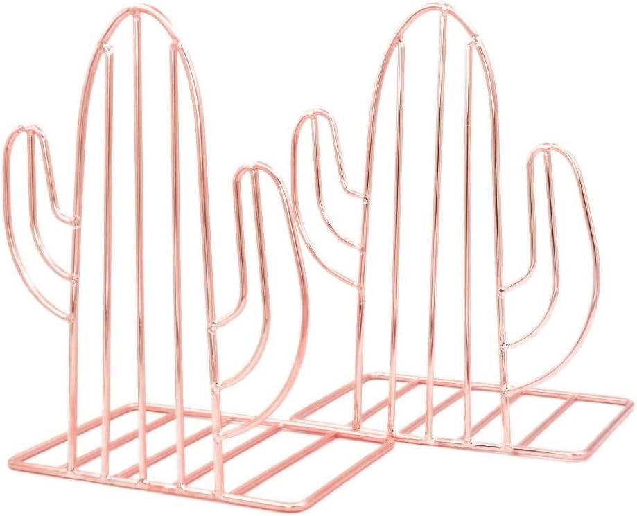 Winterworm Metal Bookends Book Ends Heavy Duty Modern Decorative for Bedroom Library Office School Book Display Desktop Organizer Gift (Cactus Rose Gold)