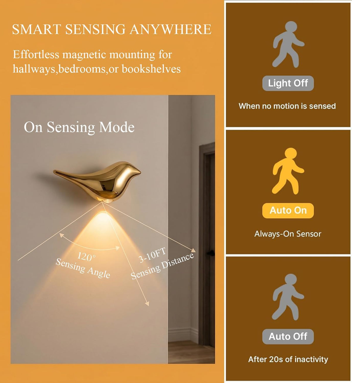 GDQ 2‑Pack Gold Bird‑Shaped Motion Sensor LED Rechargeable Wall Night Light