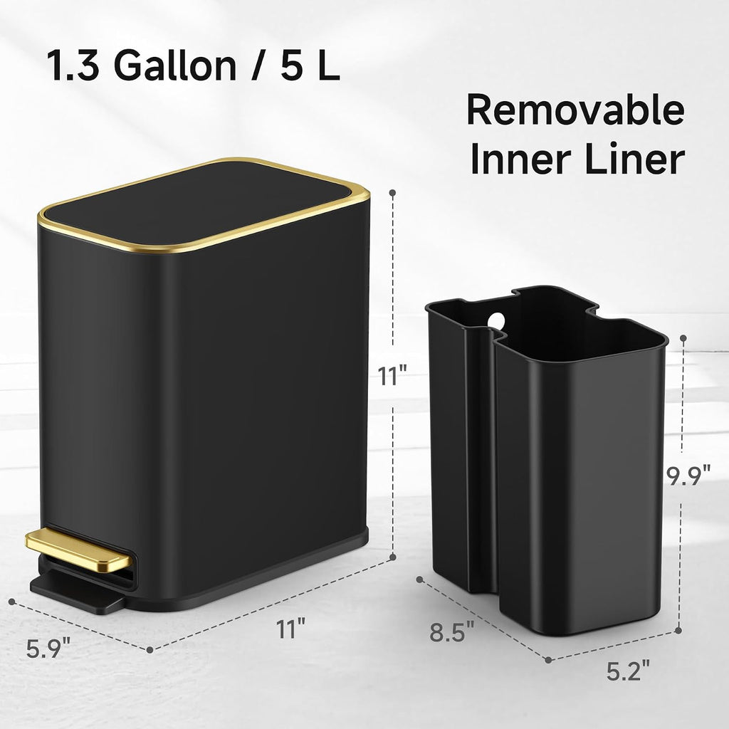 TIPGO Small Bathroom Trash Can with Lid, 5 Liters / 1.3 Gal, Black