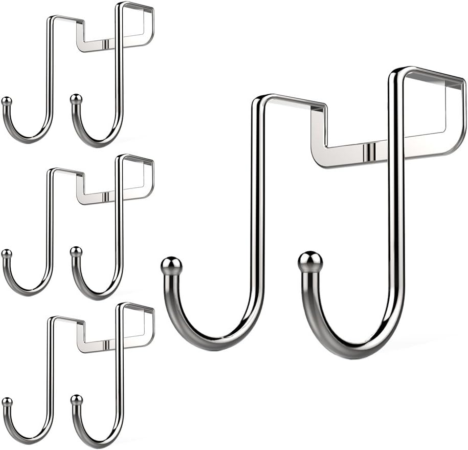 Poeland Over Cabinet Drawer Double Hooks 304 Stainless Steel Narrow Door Hook for Kitchen, Bathroom, Drawer, Wardrobe Door, Cabinet Door, Office Cubicle Partition Hook Pack of 4