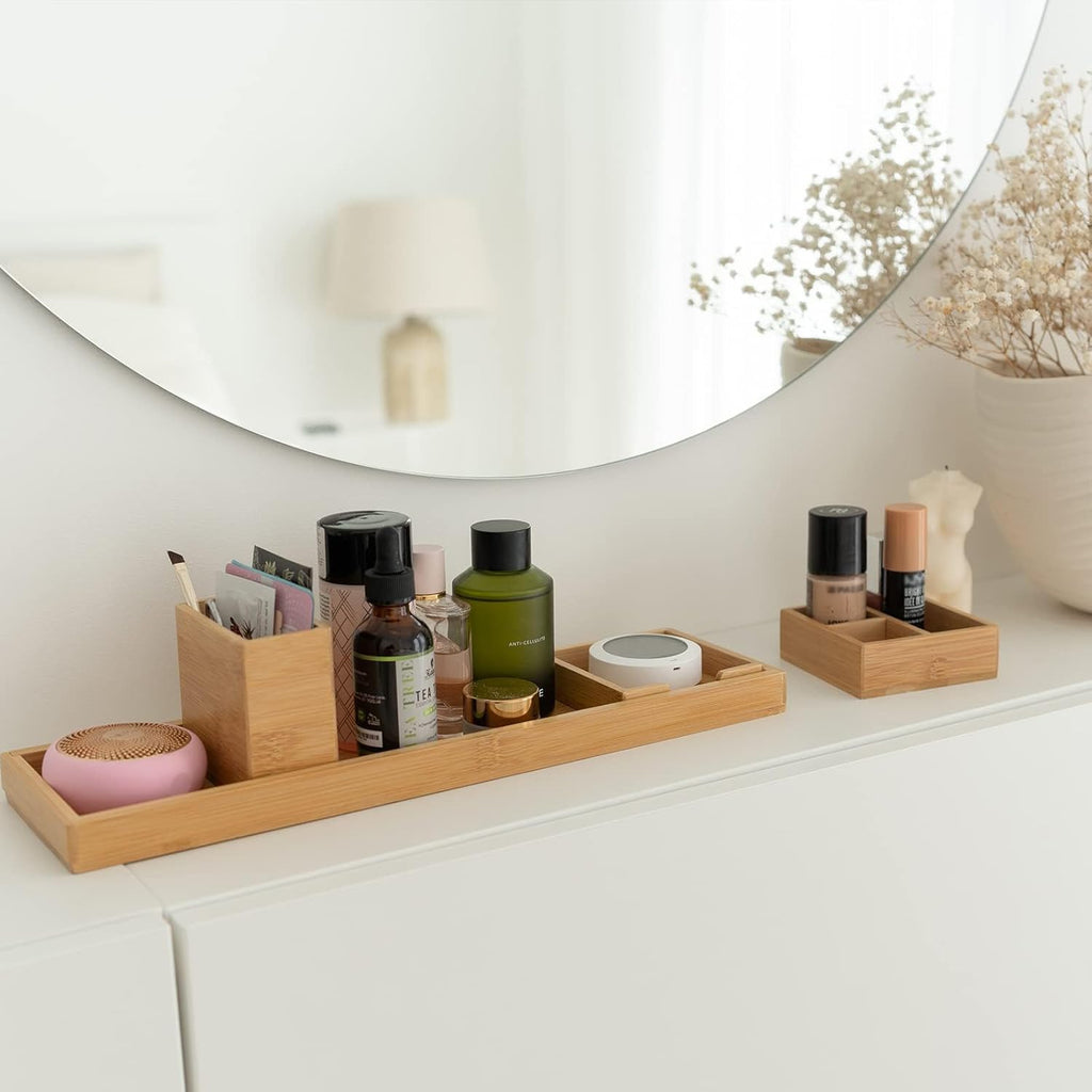 Bamboo Vanity Tray Set, 6-Piece Bathroom Organizer for Small Items