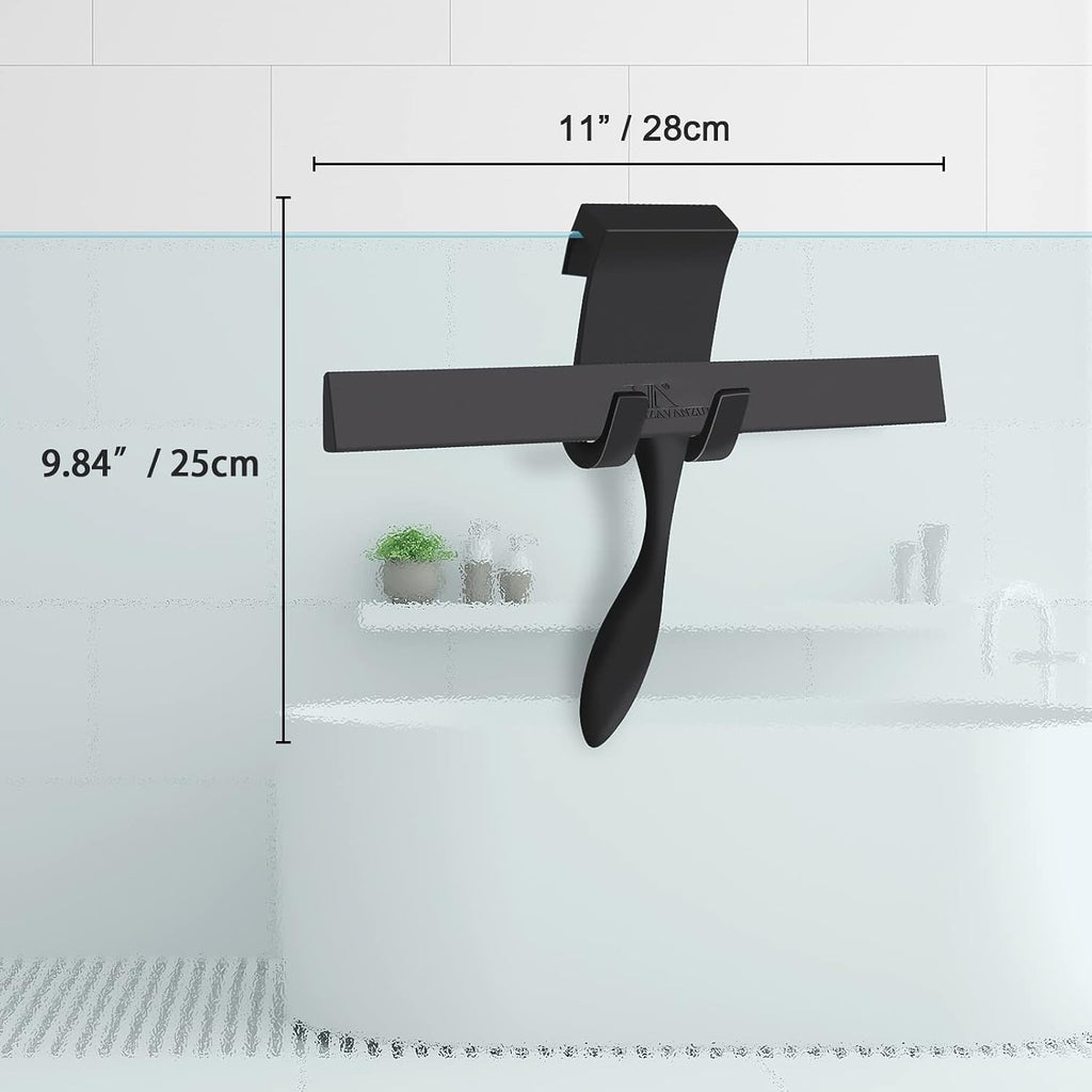 Squeegee for Shower Glass Door, 11-Inch Shower Squeegee for Glass Doors, Bathroom Silicone Squeegees Wiper for Shower with Non-Slip Handle, No-Drilling Silicone Hanging Hook, for Tiles, Mirror(Black)