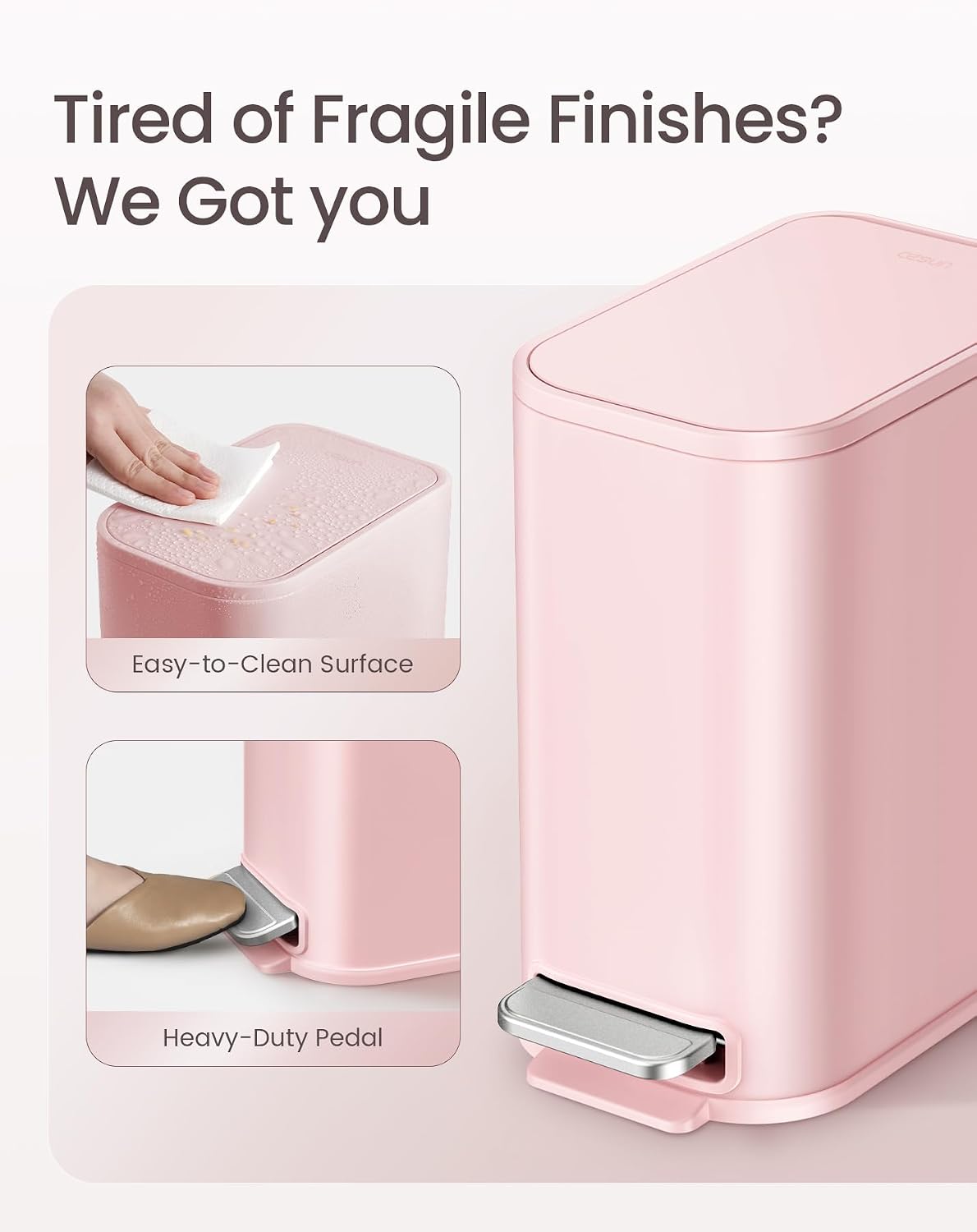 Cesun Small Bathroom Trash Can with Lid Soft Close & Pedal, 1.3 Gal, Pink