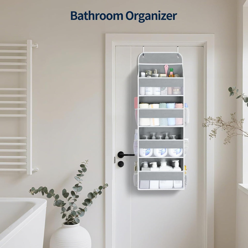 Yecaye Over The Door Organizer, Heavy Duty Hanging Organizers and Storage with 4 Large Capacity Pockets, Swing-Proof Behind The Door Storage for Bathroom Nursery Bedroom Dorm Closet, Grey,1Pc
