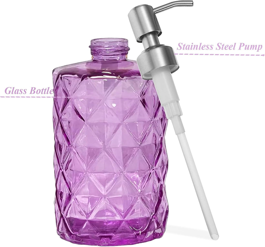 12Oz Purple Glass Soap Dispenser, Liquid Hand Bottle, Stainless Steel Pump