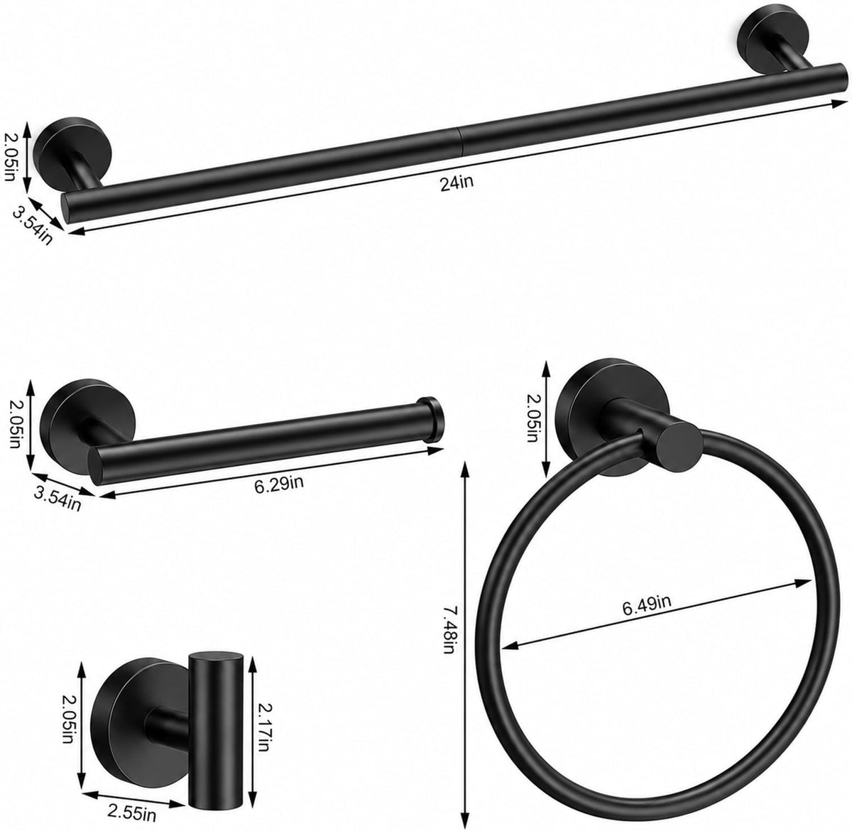 Black Bathroom Accessories Set, 6 Pieces Bathroom Hardware Set Black Bathroom Set, 24 Inch Towel Racks for Bathroom, SUS304 Stainless Steel Bath Towel Bar Set Toilet Paper Holder Wall Mounted