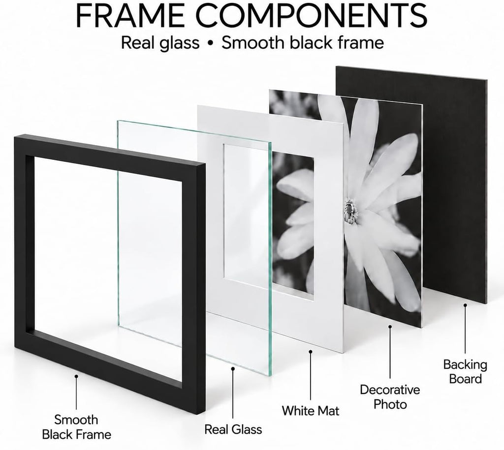 Gallery Perfect 12x12 Picture Frames, 9 Piece Set with Real Glass Cover for 8x8 Photos With Mat, Picture Frames Collage Wall Decor for Gallery Wall, Home Decor, Black