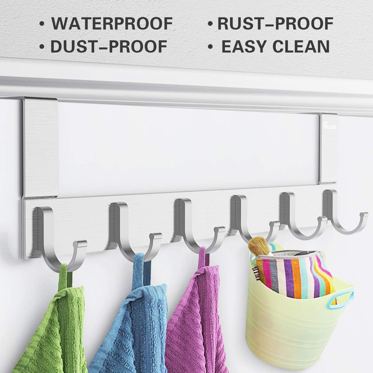 Door Hooks Hanger Rack, Aluminum Utility Organizer Holder for Kithchen Bathroom, 6 Hooks Over the Door Hanger Silver
