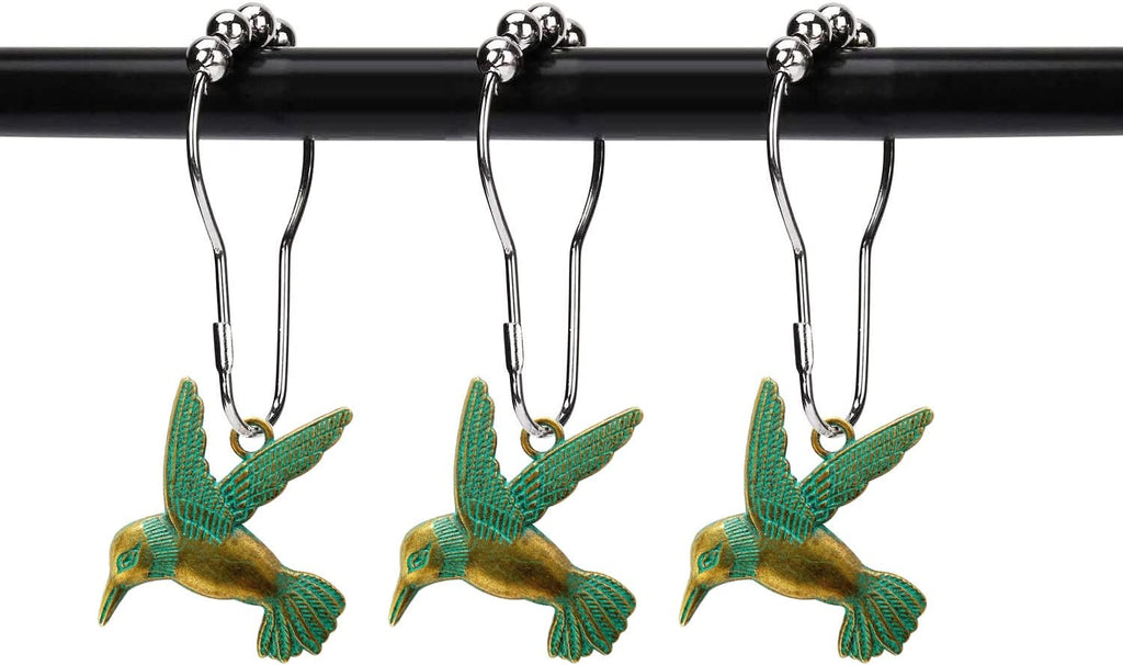 Hummingbird Shower Curtain Hooks Rings Bird Garden Nature Spring Theme Decoration Stainless Steel Rustproof Set of 12 (Patina)
