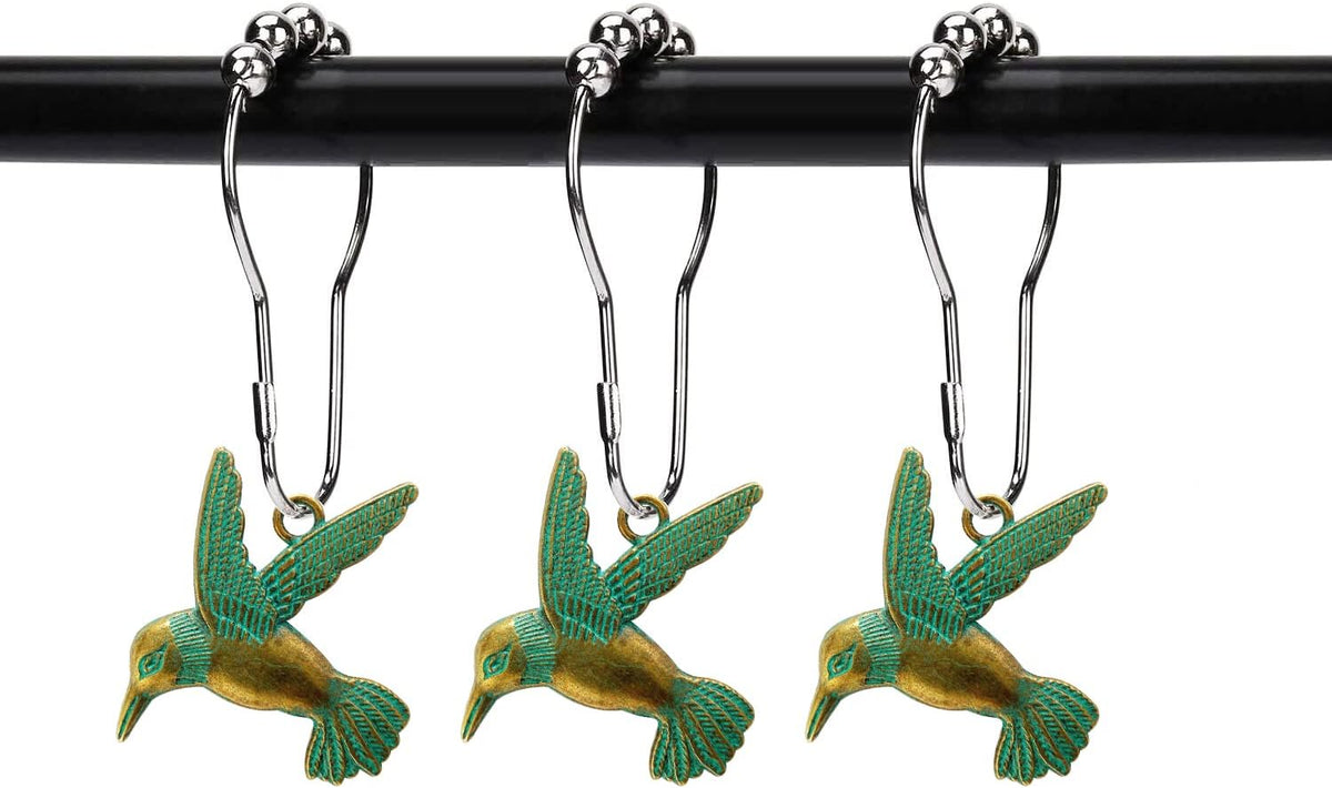 Hummingbird Shower Curtain Hooks Rings Bird Garden Nature Spring Theme Decoration Stainless Steel Rustproof Set of 12 (Patina)