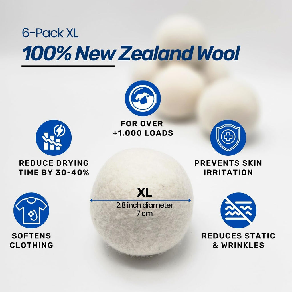 6 XL Wool Dryer Balls & Magnetic Dryer Ball Holder - Natural Fabric Softener, Reusable, Reduces Clothing Wrinkles and Saves Drying Time - Dryer Ball Container for Laundry Room Storage (XXL Size)