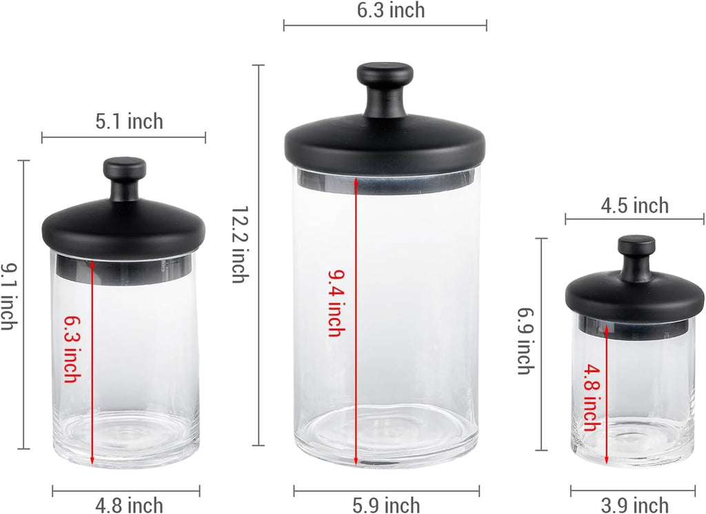 MyGift Glass Apothecary Jars with Black Lids, Set of 3 Storage Canisters