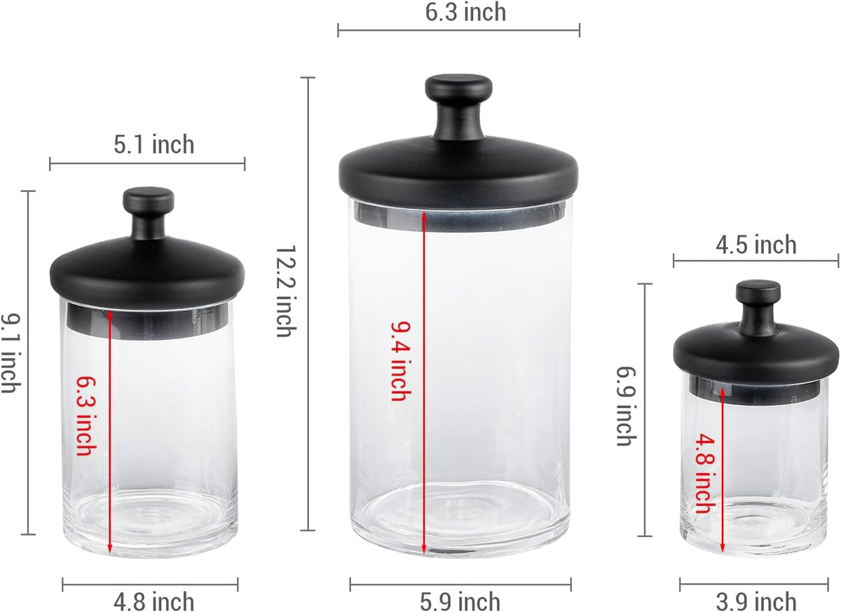 MyGift Glass Apothecary Jars with Black Lids, Set of 3 Storage Canisters