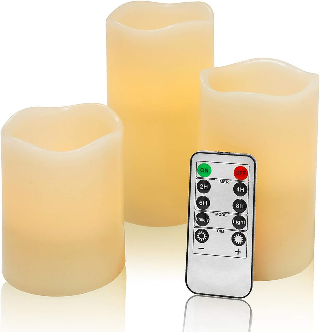 Flameless Flickering LED Battery Candles :Set of 3 Ivory Real Wax Pillar Operated Fake Faux Lights with Remote Control and Timer Function Flicker Candle for Decoration Christmas Votive Garden Outdoor