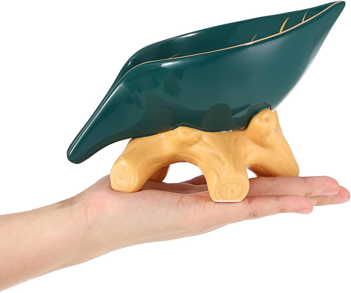 JUXYES Ceramic Leaf Shape Self Draining Waterfall Soap Dish Holder
