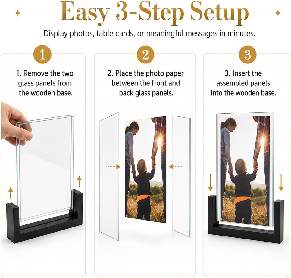 PETAFLOP 5x7 Picture Frame Set of 2, Black Rustic Wooden Photo Frames 5 by 7 Inch with HD Glass, U Shaped Double Sided Menu Holder Sign Card Stand for Tabletop Display
