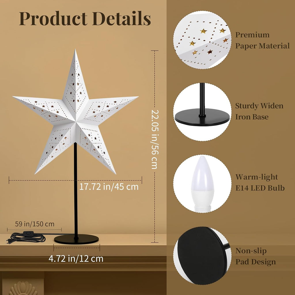Lewondr 3D Christmas Paper Star Table Lamp, 17.72" 5-Pointed Xmas Star