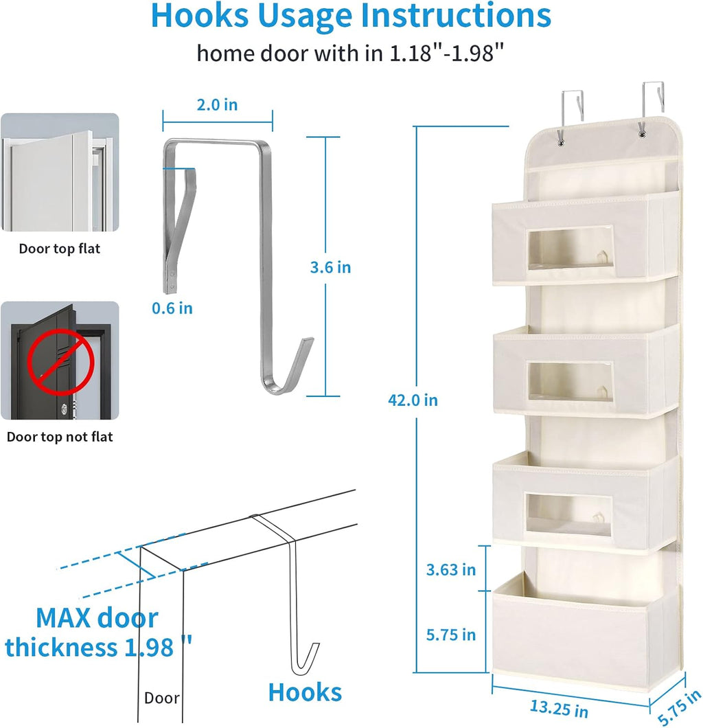 MAX Houser 4-Shelf Over The Door Hanging Organizer with 2 Metal Hooks,Beige