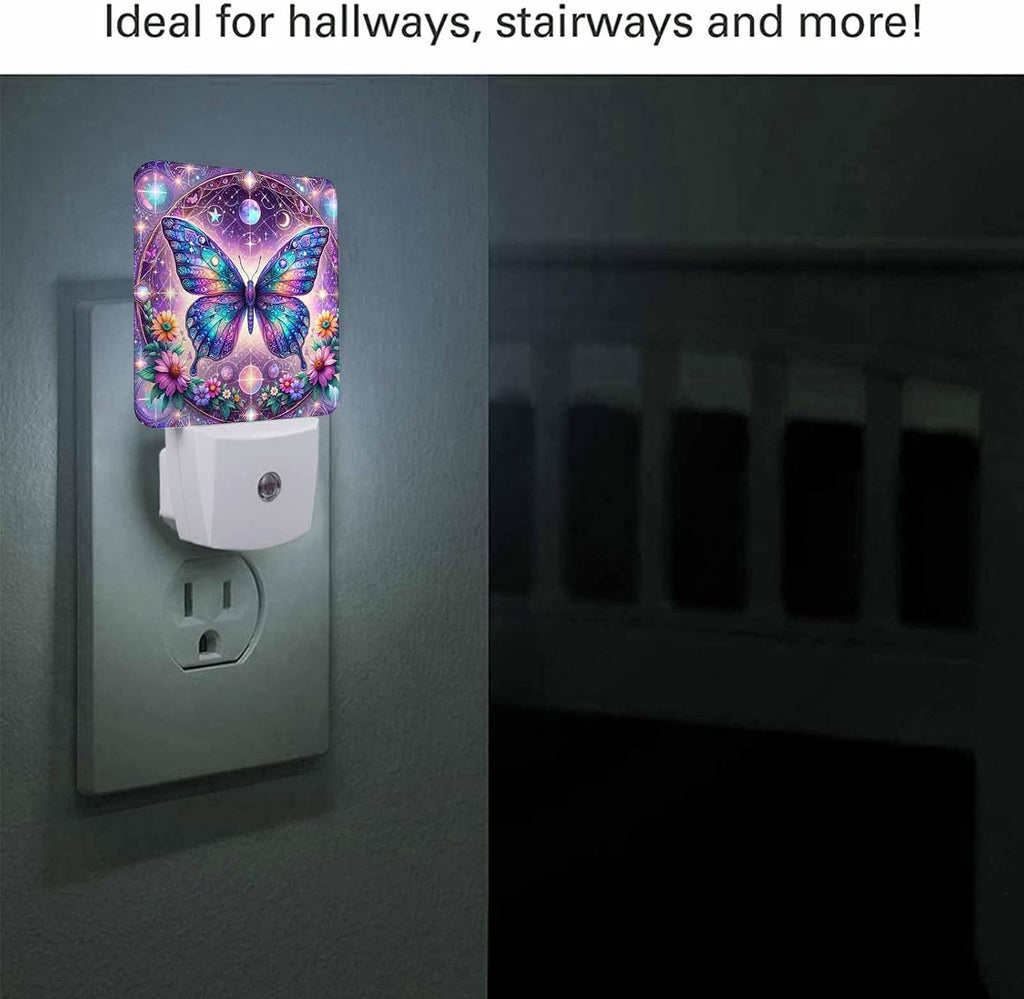 LED Night Light,Abstract Blue Cyan Butterfly LED Night Light Plug into Wall with Dusk to Dawn Light Sensor White Energy Efficient Nightlight for Bedroom Bathroom Hallway Living Room Kitchen