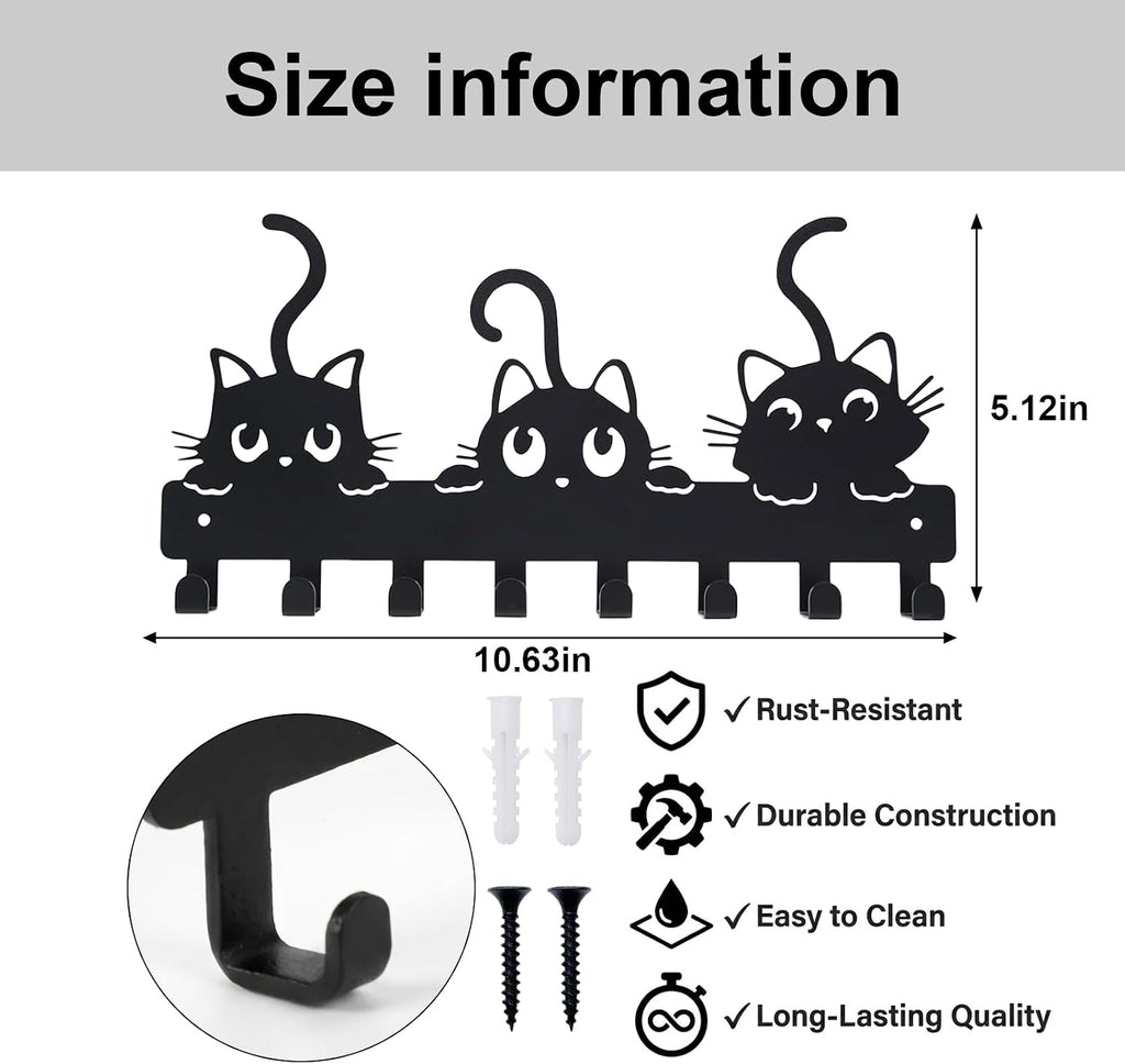 Cat Key Holder for Wall, 3-Cat Key Hanger with 8 Hooks