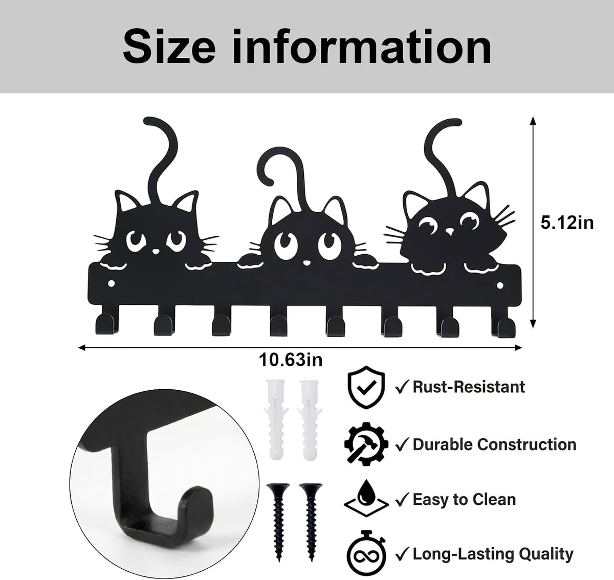 Cat Key Holder for Wall, 3-Cat Key Hanger with 8 Hooks