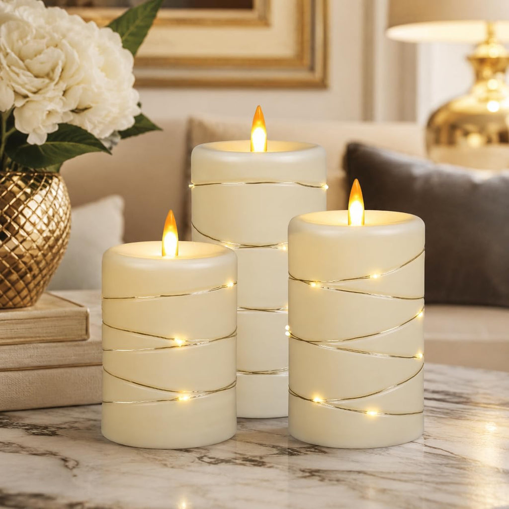 Upinmz Flickering Flameless Candles with String Lights, Battery Operated Candle, LED Pillar Fake Candle with Remote Control and Timer -3 Pack Ivory White