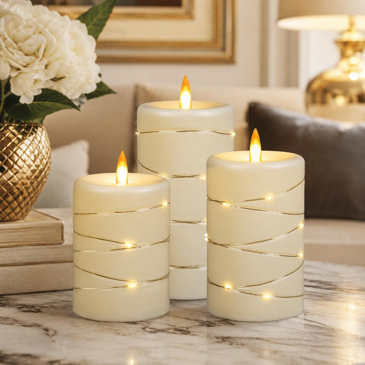 Upinmz Flickering Flameless Candles with String Lights, Battery Operated Candle, LED Pillar Fake Candle with Remote Control and Timer -3 Pack Ivory White