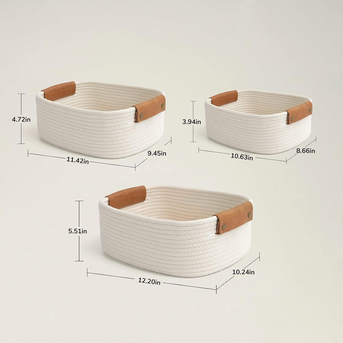 CHICVITA 3 Pack Woven Rope Gift Basket with Leather Handles, White