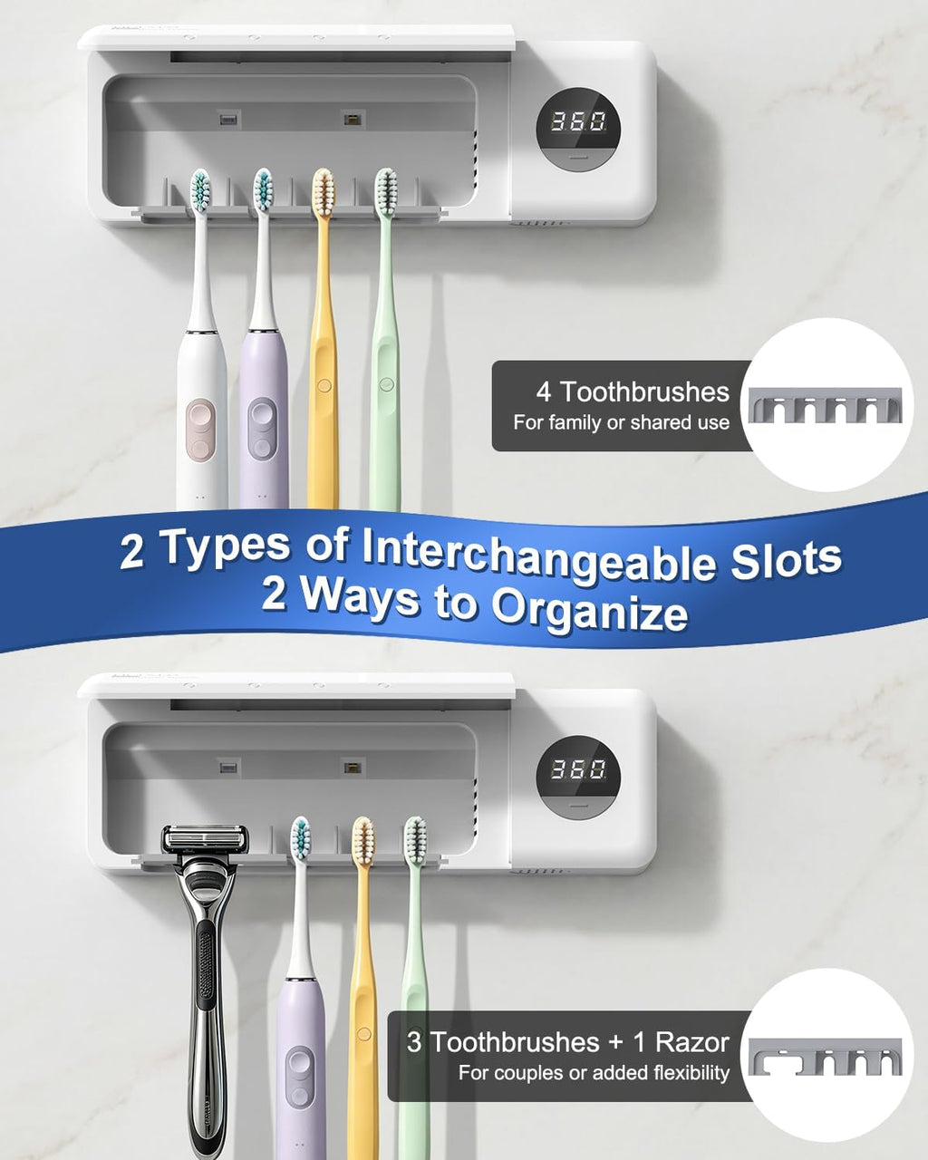 UV Toothbrush Sanitizer with Holder 4 Slots, Toothbrush & Razor