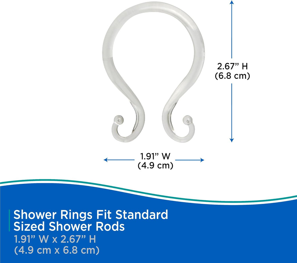 Kenney - Shower Curtain Rings, Rust-Proof Plastic Double Hooks with Smooth Glide Design, Fits Standard Shower Curtain Rods, Easy Installation, Clear, 12 Pack