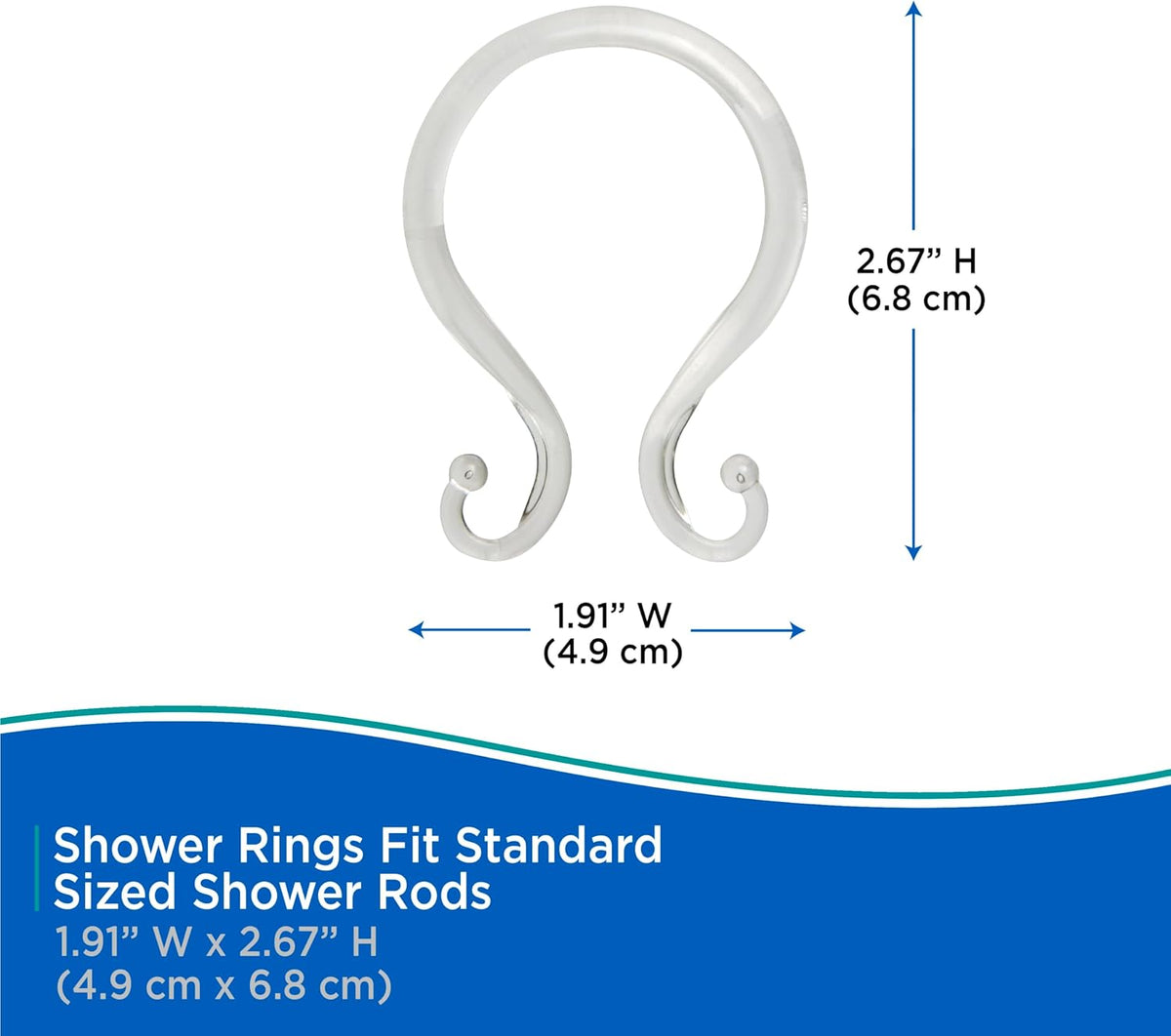 Kenney - Shower Curtain Rings, Rust-Proof Plastic Double Hooks with Smooth Glide Design, Fits Standard Shower Curtain Rods, Easy Installation, Clear, 12 Pack