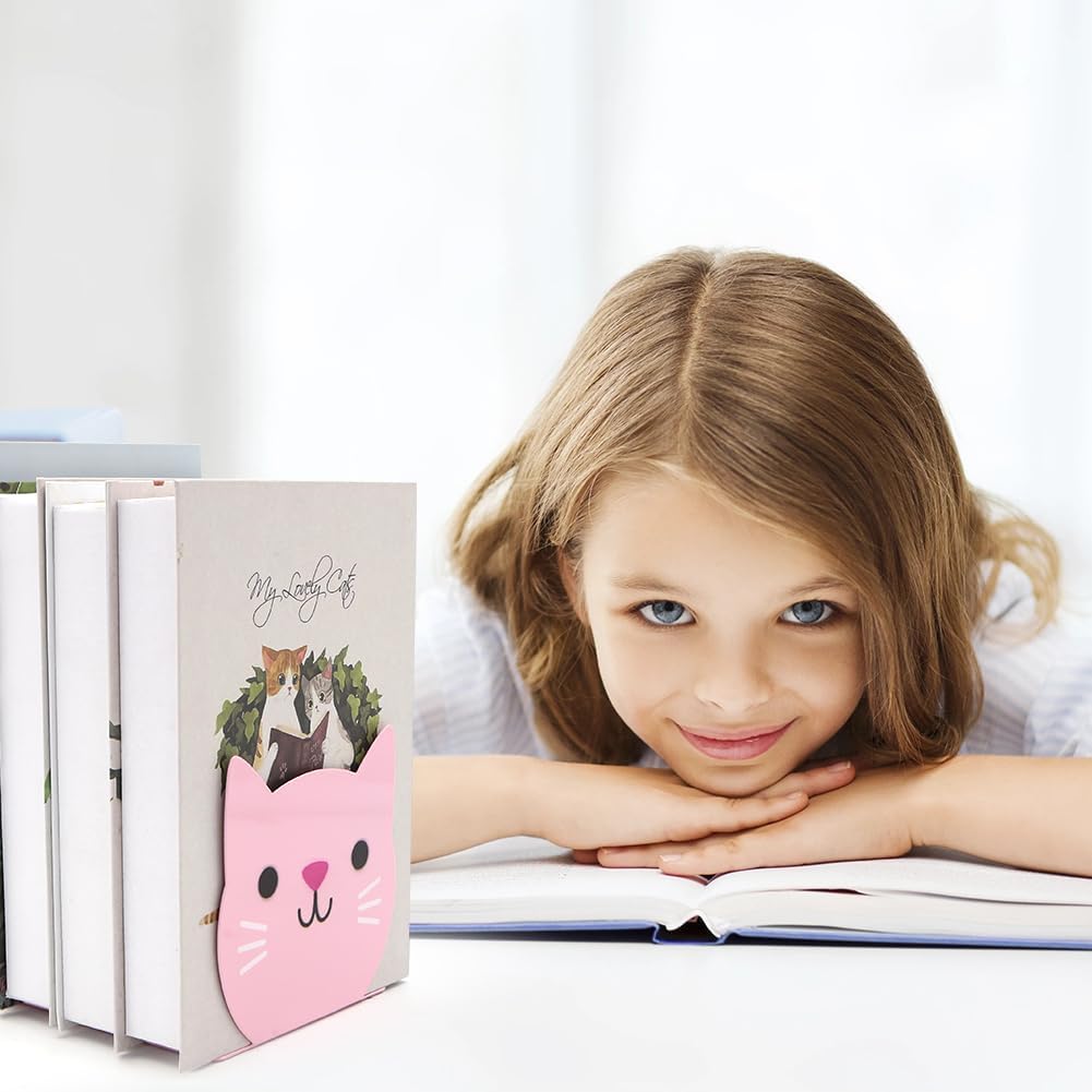 Lovely Pink Cat Kids Bookends Student Book Ends Cartoon Metal Bookends Office Desk School Library Decoration Bookshelf Book Organizer for Christmas Birthday Back to School Gift Gift