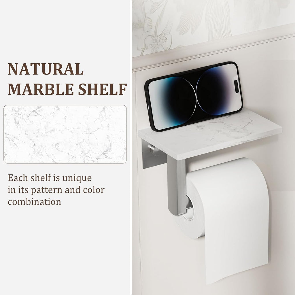 BWE Brushed Nickel Toilet Paper Holder with Marble Shelf Wall Mounted