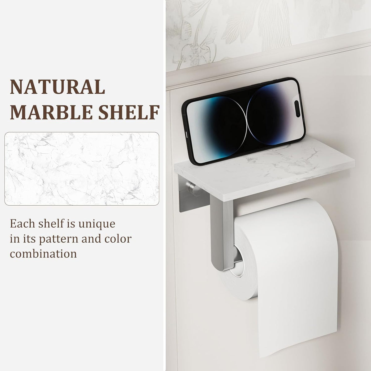 BWE Brushed Nickel Toilet Paper Holder with Marble Shelf Wall Mounted