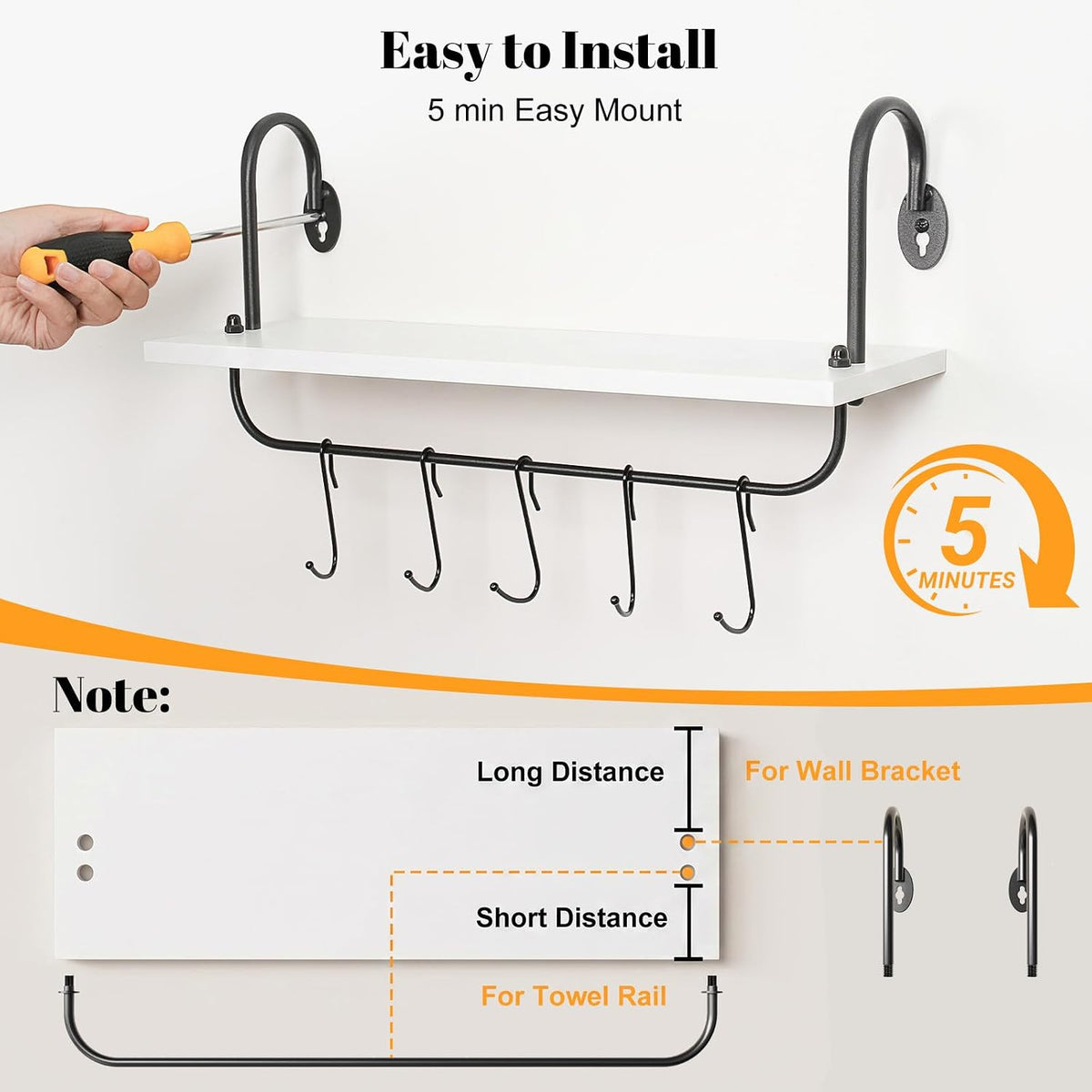 Olakee Floating Wall Shelves for Kitchen Bathroom Coffee Nook with 10 Adjustable Hooks for Mugs Cooking Utensils or Towel Rustic Storage Shelves Set of 2/17x5.9 inch (White)