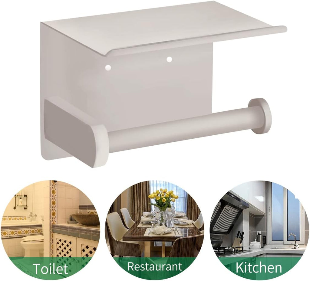 VAEHOLD Self Adhesive Toilet Paper Holder with Phone Shelf SUS 304 Stainless Steel Wall Mounted Toilet Paper Roll Holder - Rustproof and Bathroom Washroom Tissue Roll Holder with Shelf -Beige