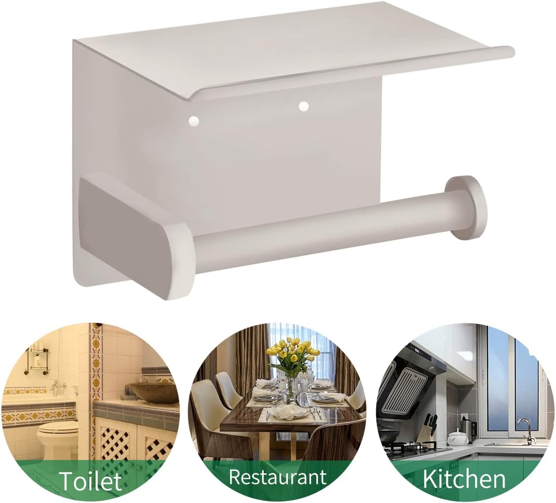 VAEHOLD Self Adhesive Toilet Paper Holder with Phone Shelf SUS 304 Stainless Steel Wall Mounted Toilet Paper Roll Holder - Rustproof and Bathroom Washroom Tissue Roll Holder with Shelf -Beige