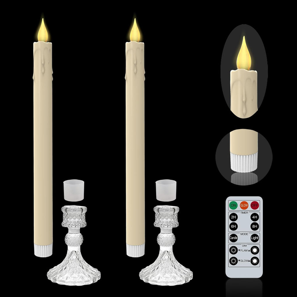 Flameless Taper Candles with Illuminated Glass Candle Holder, Remote Timer 2AA Battery Operated 500+ Hours for Thanksgiving/Xmas Decor, Wedding Centerpiece, Ivory, 2 Pack