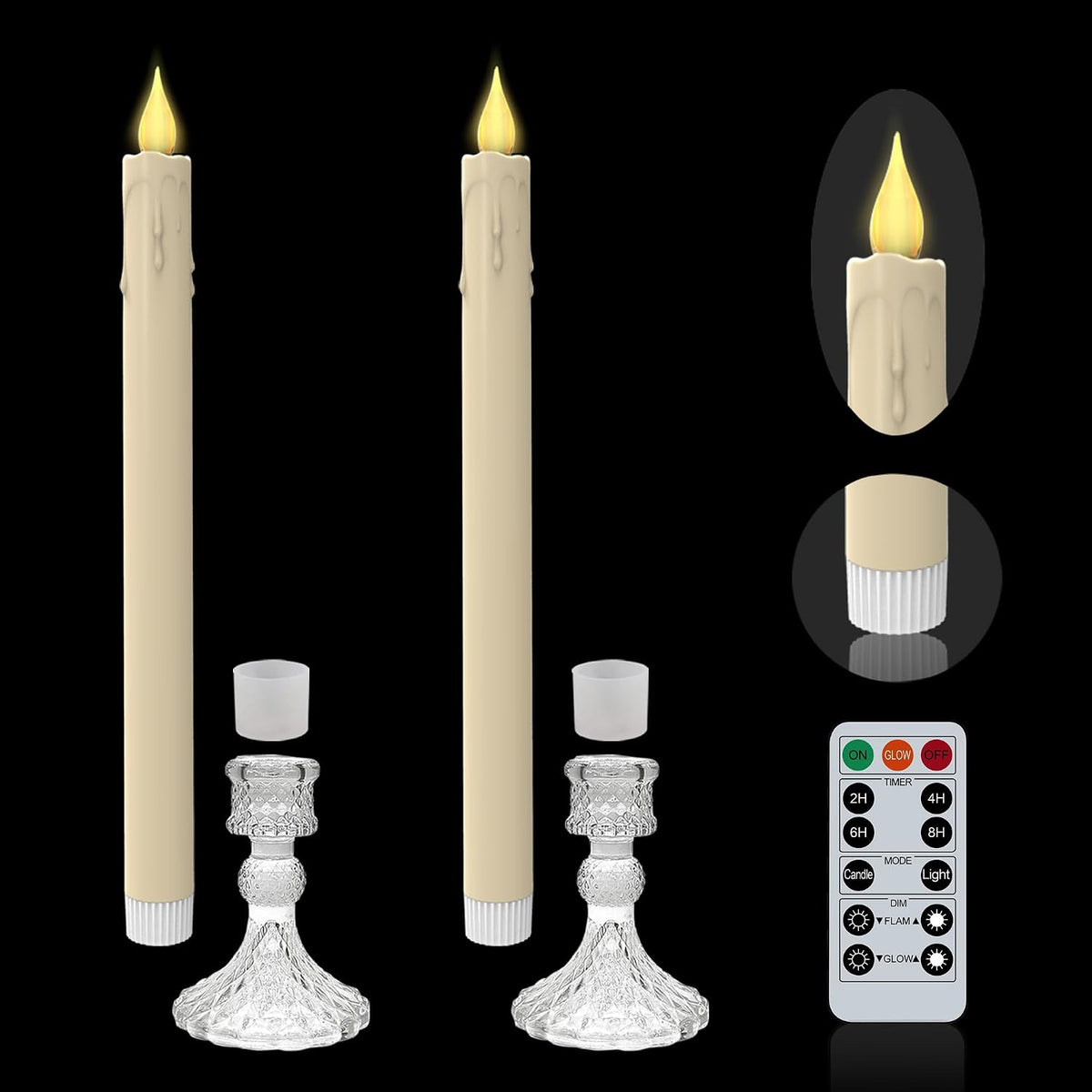Flameless Taper Candles with Illuminated Glass Candle Holder, Remote Timer 2AA Battery Operated 500+ Hours for Thanksgiving/Xmas Decor, Wedding Centerpiece, Ivory, 2 Pack