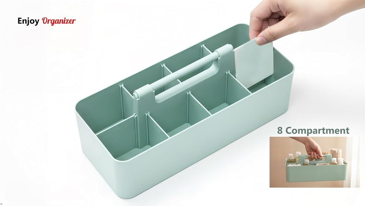 New Plastic Portable Makeup Organizer Caddy Tote Divided Basket Bin with Handle, for Bathroom Storage - Holds Blush Makeup Brushes, Eyeshadow Palette, Lipstick - Extra Large Made In USA (Mint)