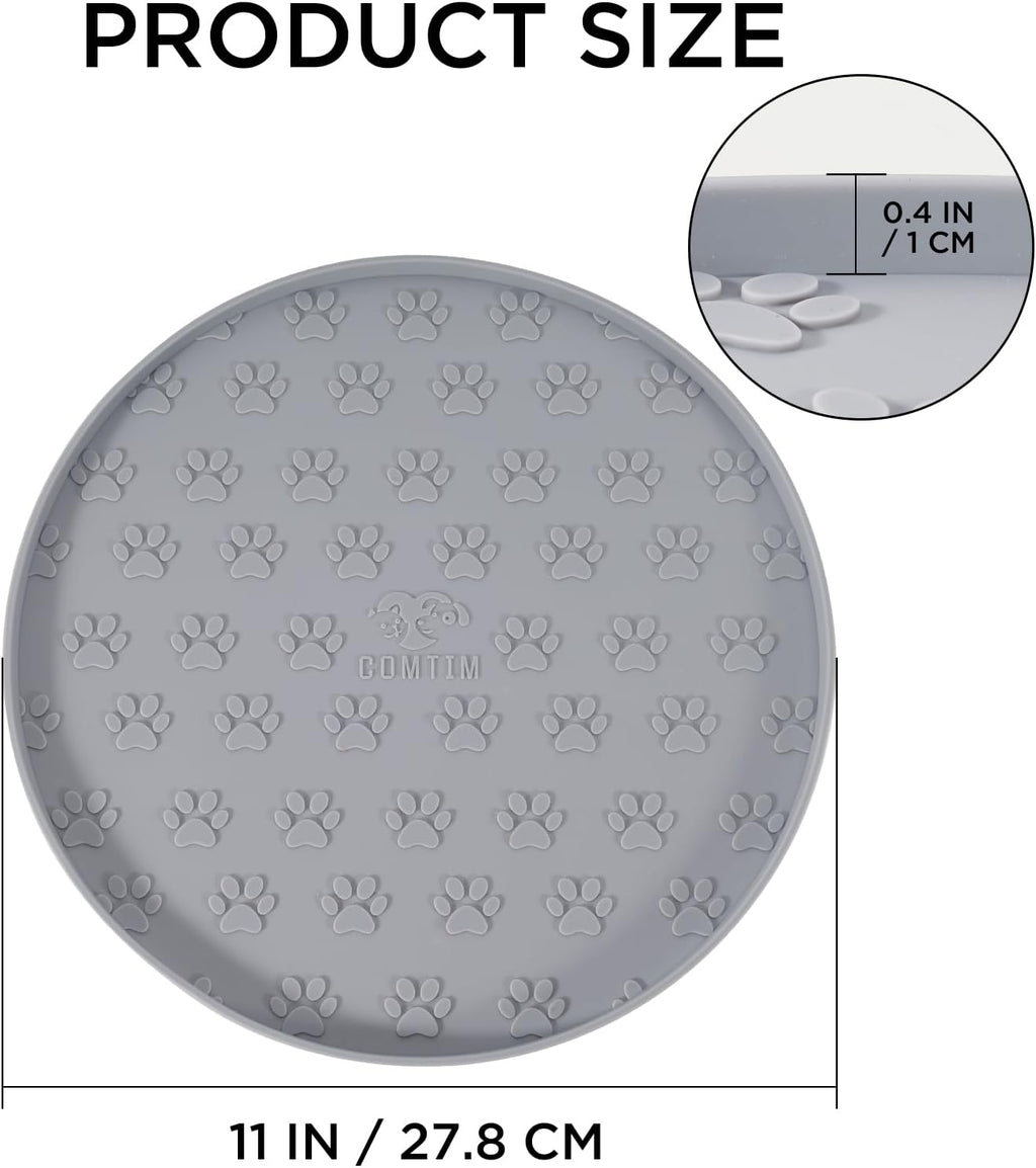Comtim Waterproof Dog Food Mat - 2 Pack Silicone Pet Food Mat Dog Food Bowl Mats Cat Water Mats Eating Tray, Non-Slip Pet Placemat with Lip for Messy Drinkers to Protect Floor,Light Grey 11"