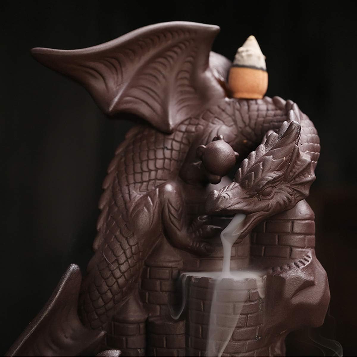 Ceramic Dragon Backflow Incense Holder Waterfall Incense Burner, Smoke Incense Holder, with 70 Backflow Incense Cones + 50 Incense Stick, 1 Mat, 1 Tweezers Home Decor (Brown-Light Dragon)